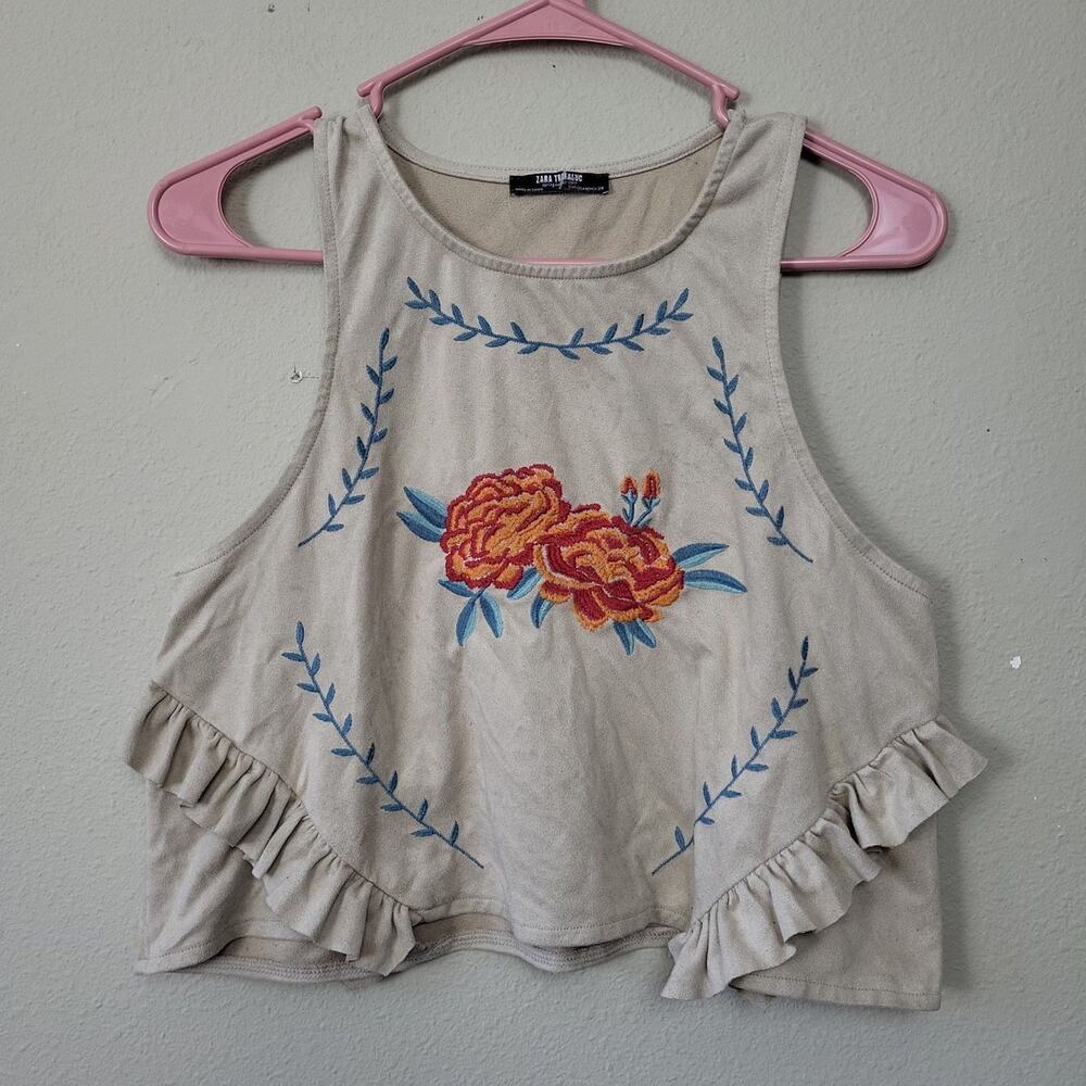 Y2K Festival Zara Trafaluc Hippie Western Womens Cowgirl Beige Embroidered Top M